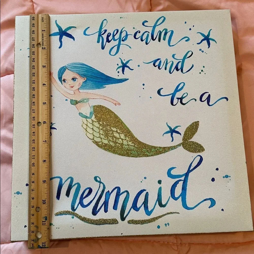 Art Mermaid Wrapped Canvas Wall Art Glitter Sides 12” x 12” Beach Coastal